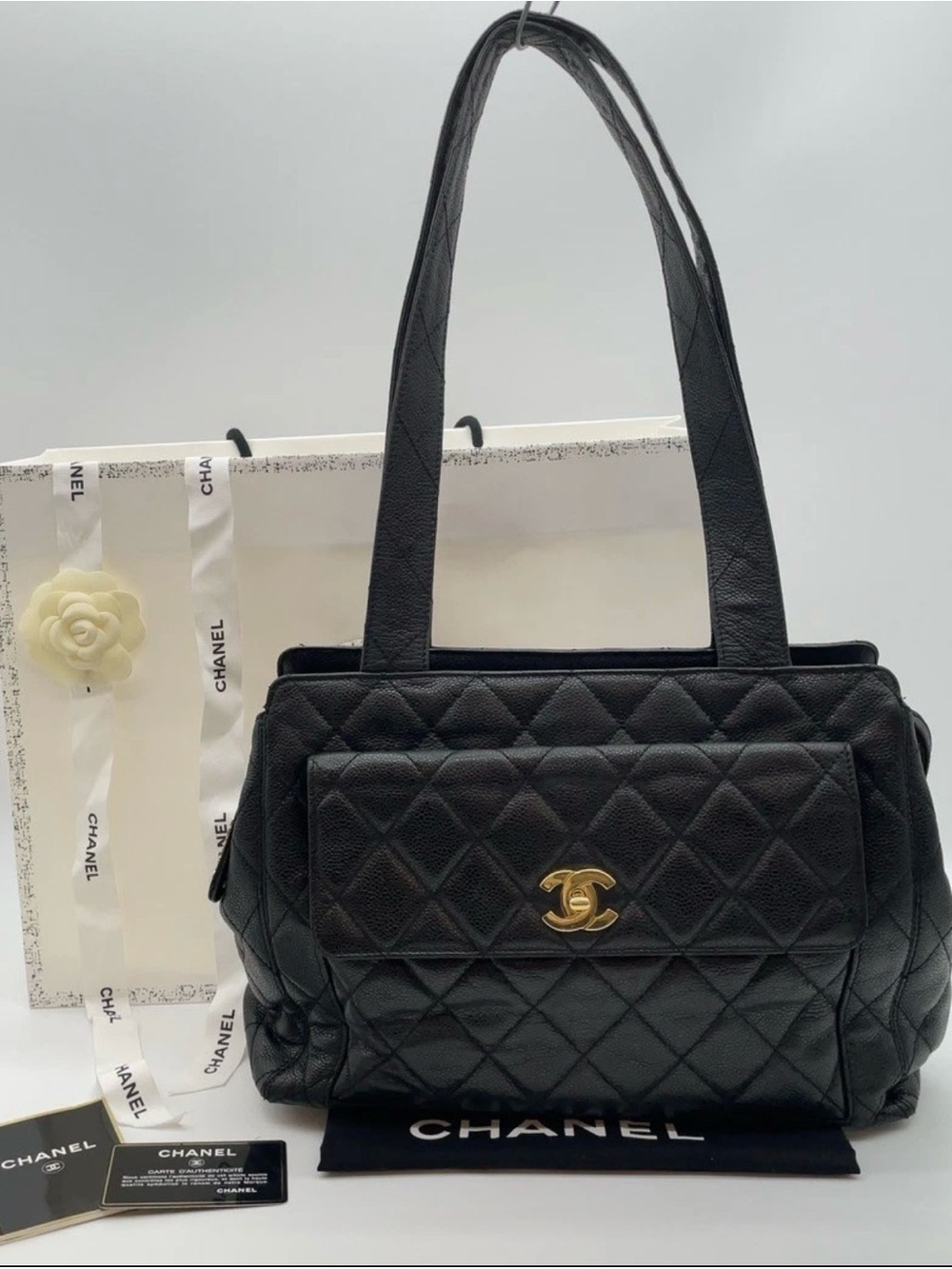 CHANEL Black Quilted Caviar Leather Shoulder Bag with Gold CC Turnlock Pocket